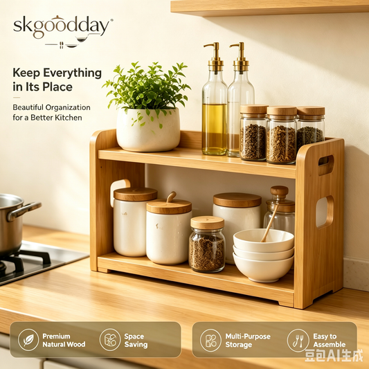 skgoodday™ OakLuxe™ Natural Wood Kitchen Organizer Shelf